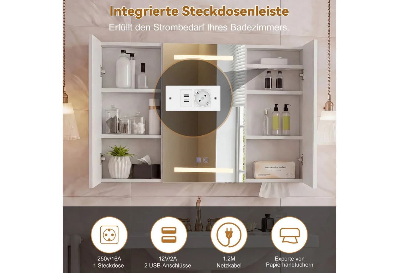 Simurq Spiegelschrank 3-türig mit LED-Beleuchtung und Steckdose - Bild 5