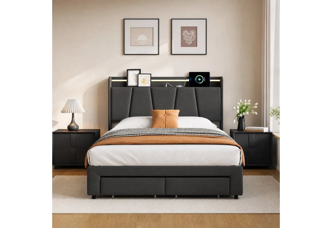 Simurq Polsterbett Doppelbett 140x200 mit Bettkasten und LED