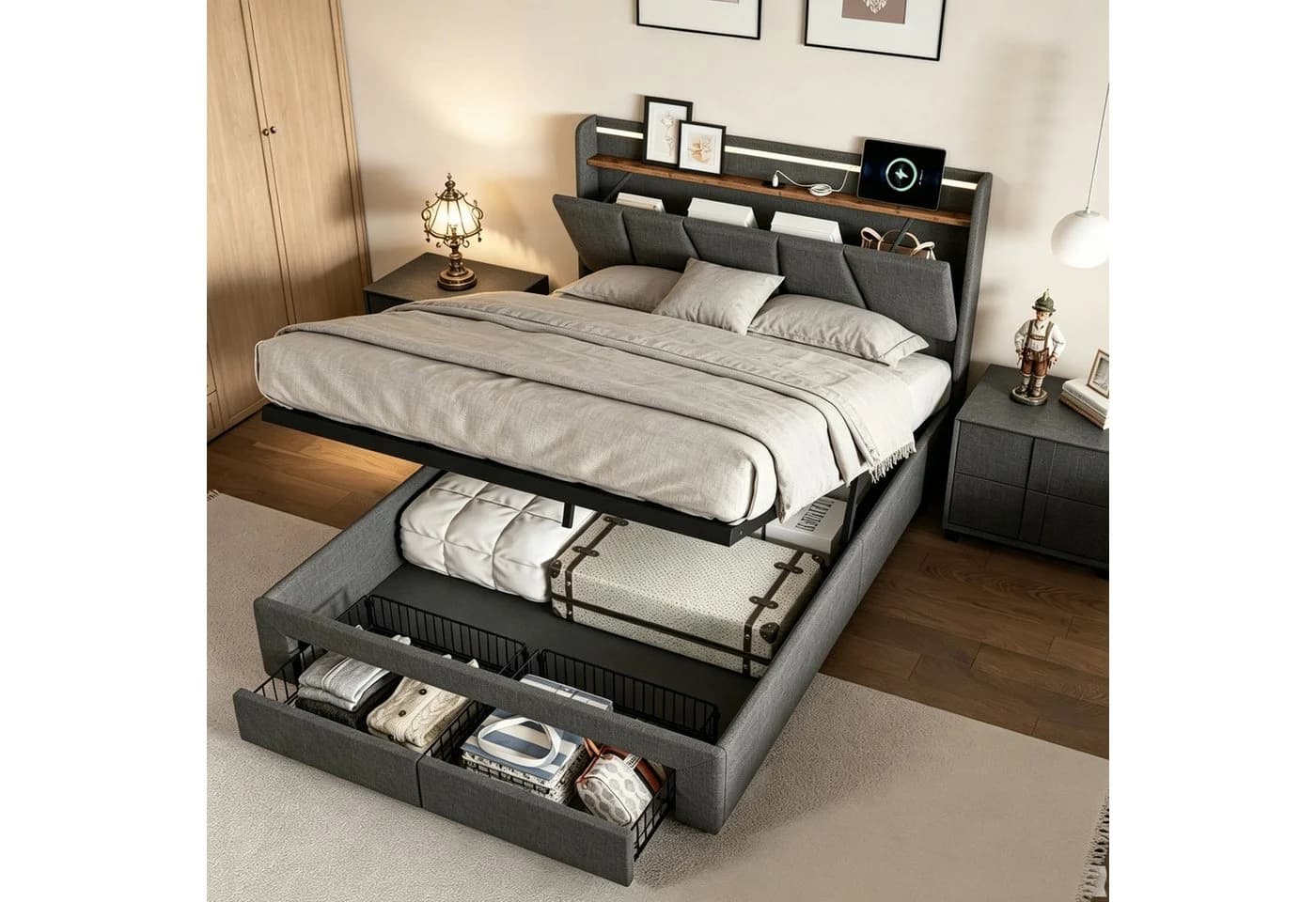 Simurq Polsterbett Doppelbett 140x200 mit Bettkasten und LED - Bild 2