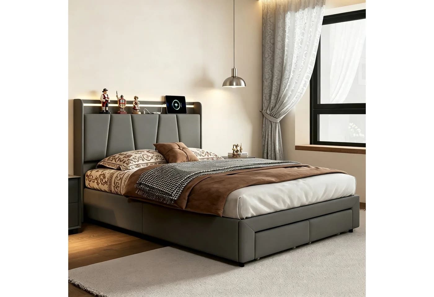 Simurq Polsterbett Doppelbett 140x200 mit Bettkasten und LED - Bild 3