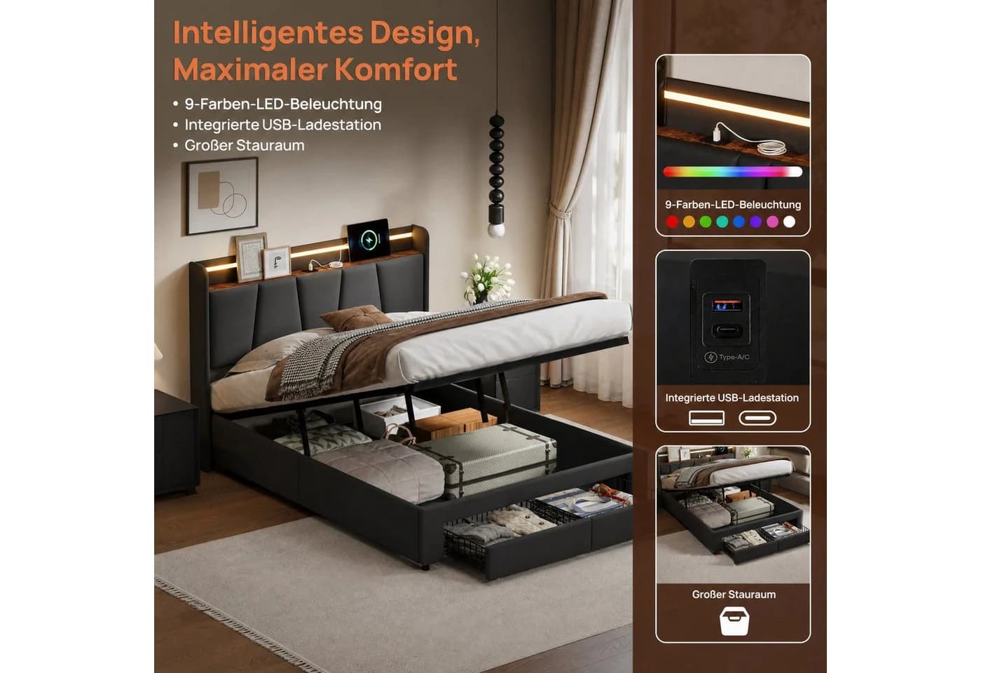 Simurq Polsterbett Doppelbett 140x200 mit Bettkasten und LED - Bild 4