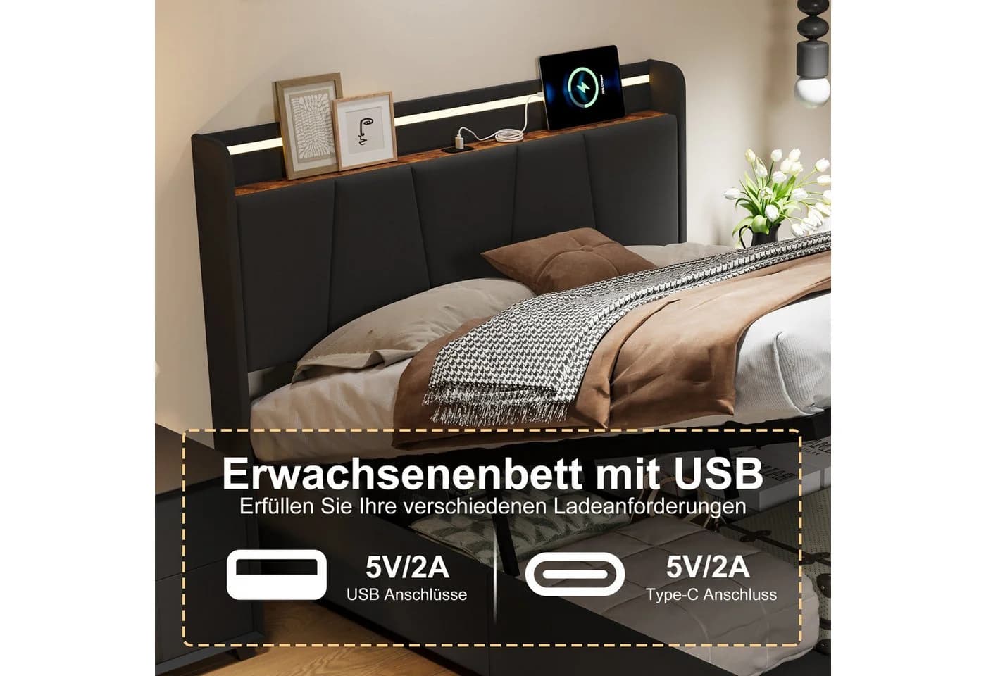 Simurq Polsterbett Doppelbett 140x200 mit Bettkasten und LED - Bild 5