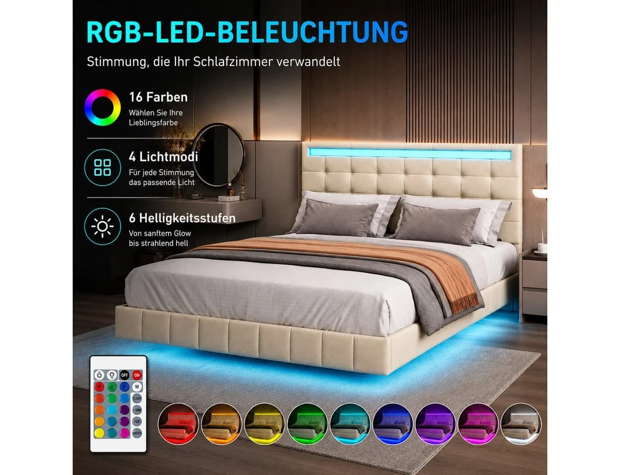 Simurq Polsterbett 140x200 mit LED-Beleuchtung und USB - Bild 3
