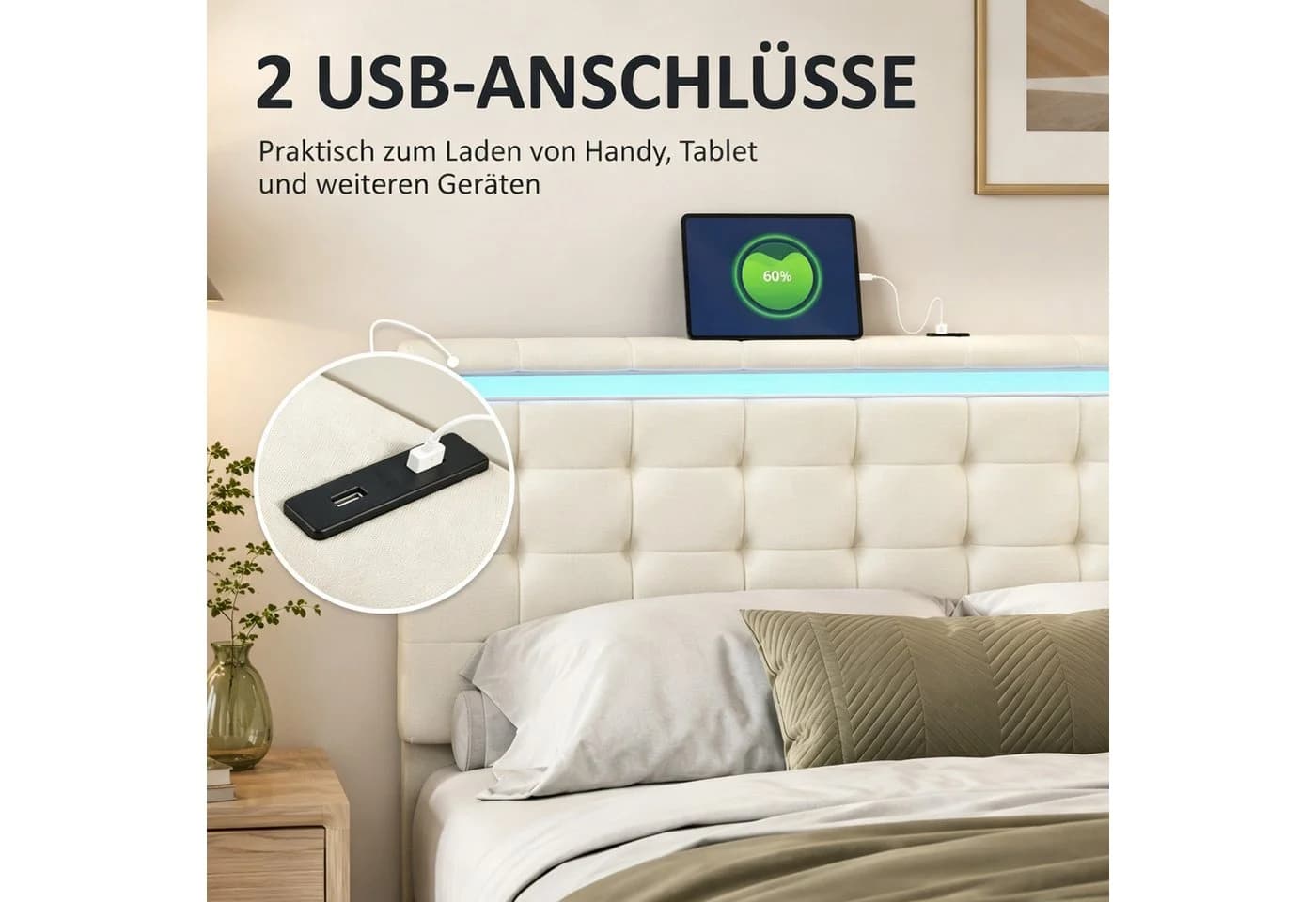 Simurq Polsterbett 140x200 mit LED-Beleuchtung und USB - Bild 4