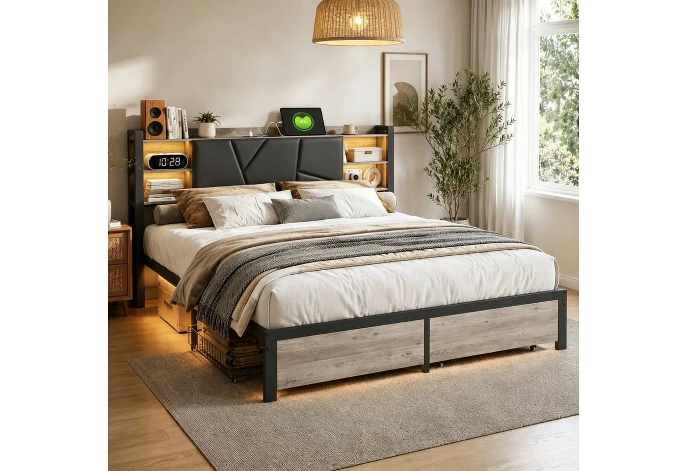Simurq Metallbett mit LED Beleuchtung und USB Stauraum