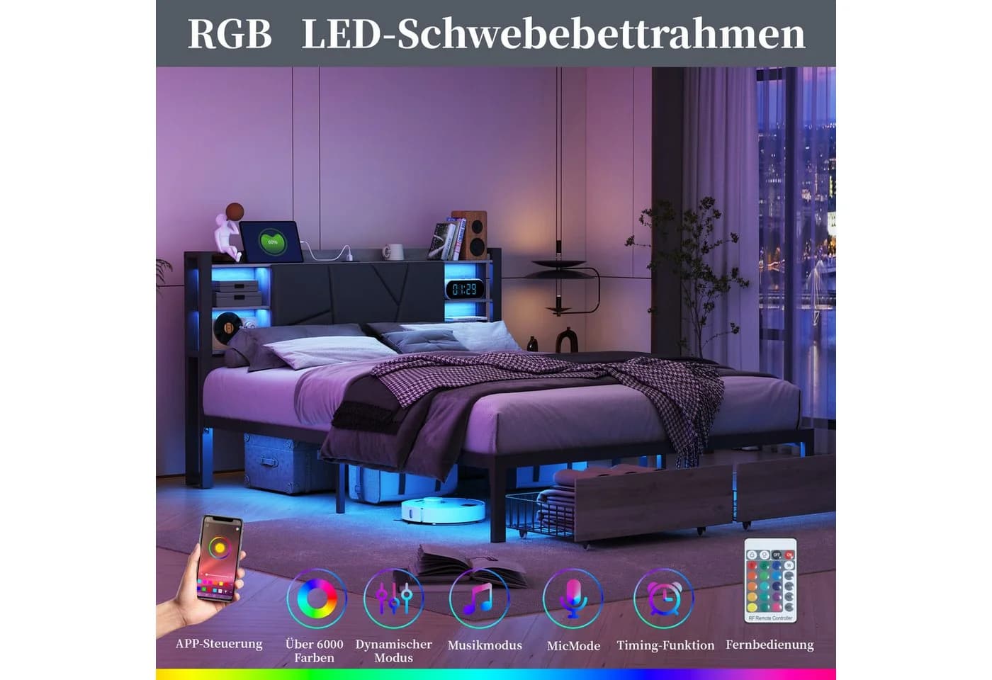 Simurq Metallbett mit LED Beleuchtung und USB Stauraum - Bild 3