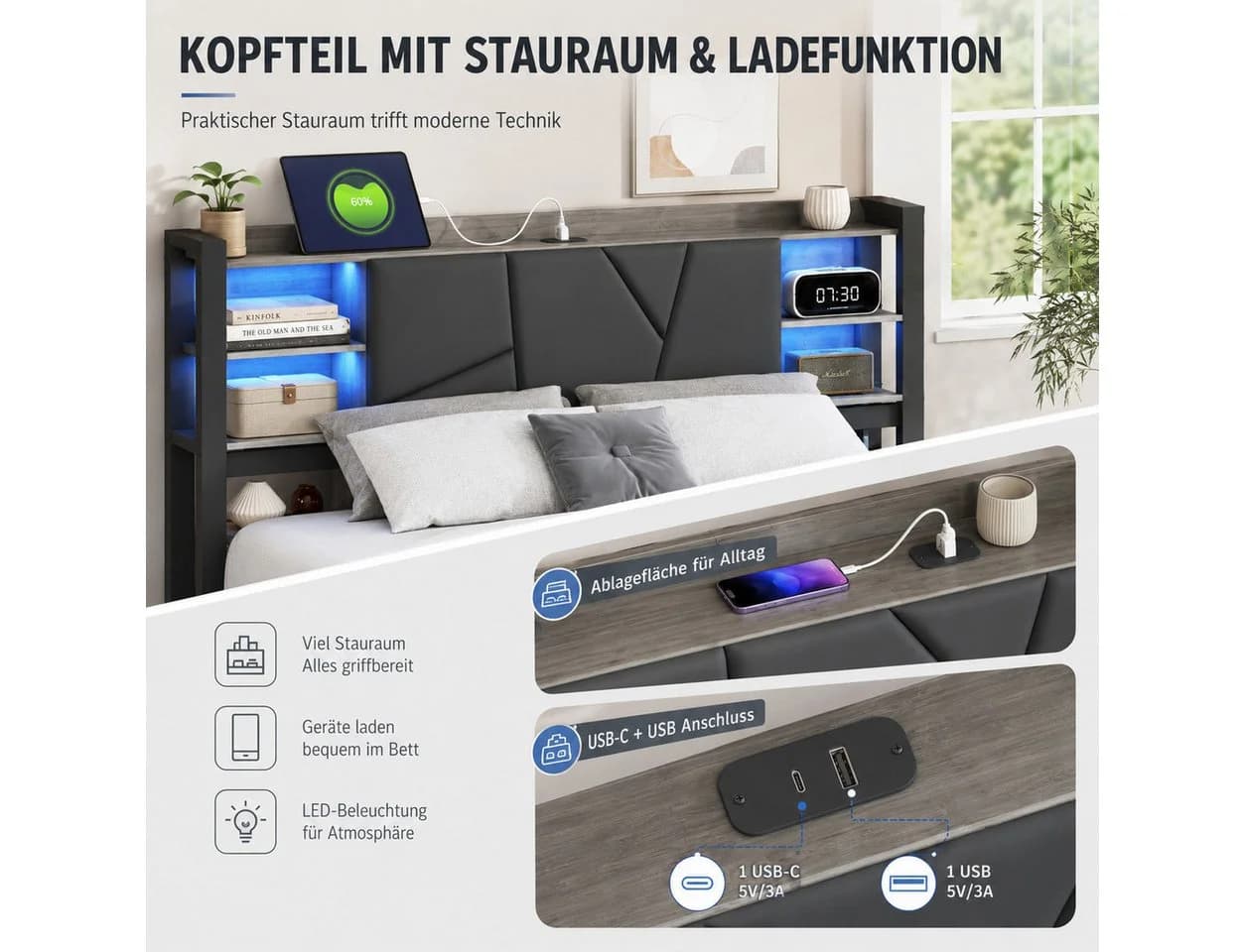 Simurq Metallbett mit LED Beleuchtung und USB Stauraum - Bild 4