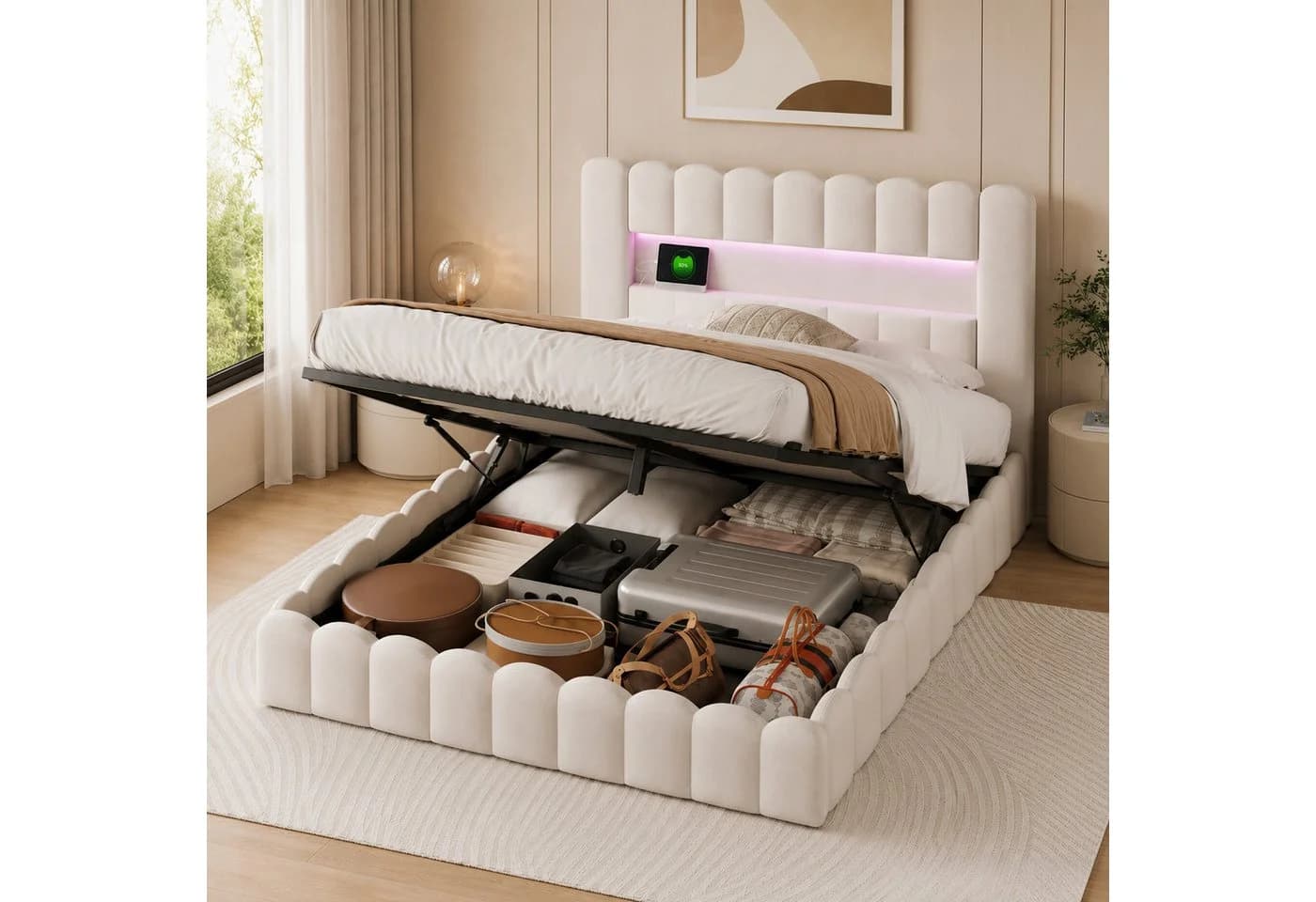 Simurq Polsterbett 140x200 LED Stauraumbett Beige Grau