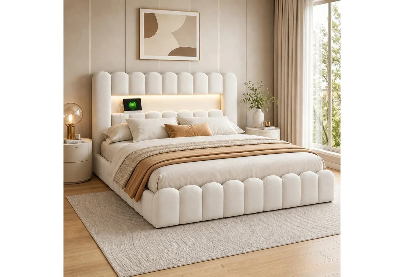 Simurq Polsterbett 140x200 LED Stauraumbett Beige Grau - Bild 2
