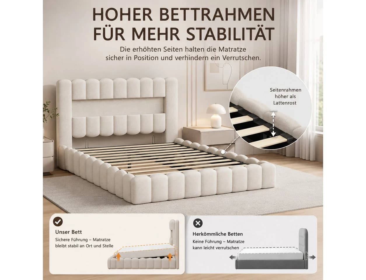 Simurq Polsterbett 140x200 LED Stauraumbett Beige Grau - Bild 4