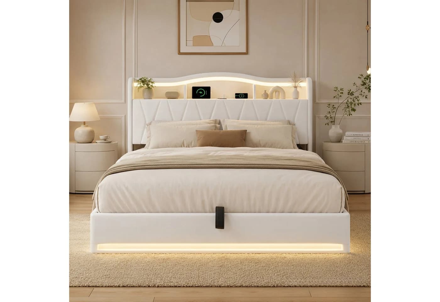 Simurq Polsterbett 140x200 mit Stauraum, LED & USB-Port Samt Beige - Bild 2