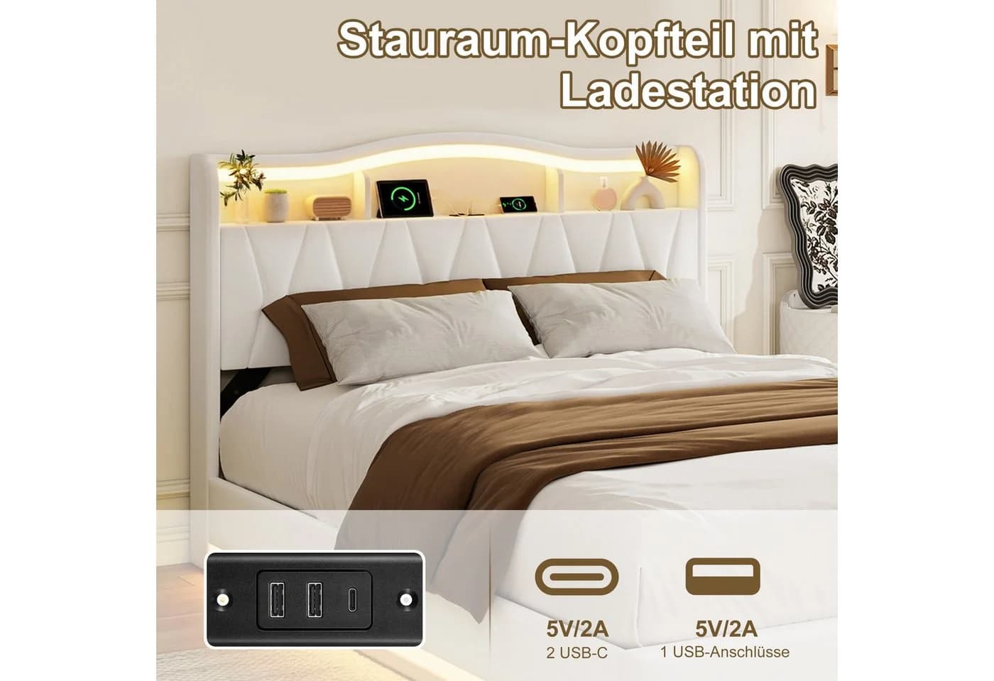 Simurq Polsterbett 140x200 mit Stauraum, LED & USB-Port Samt Beige - Bild 4