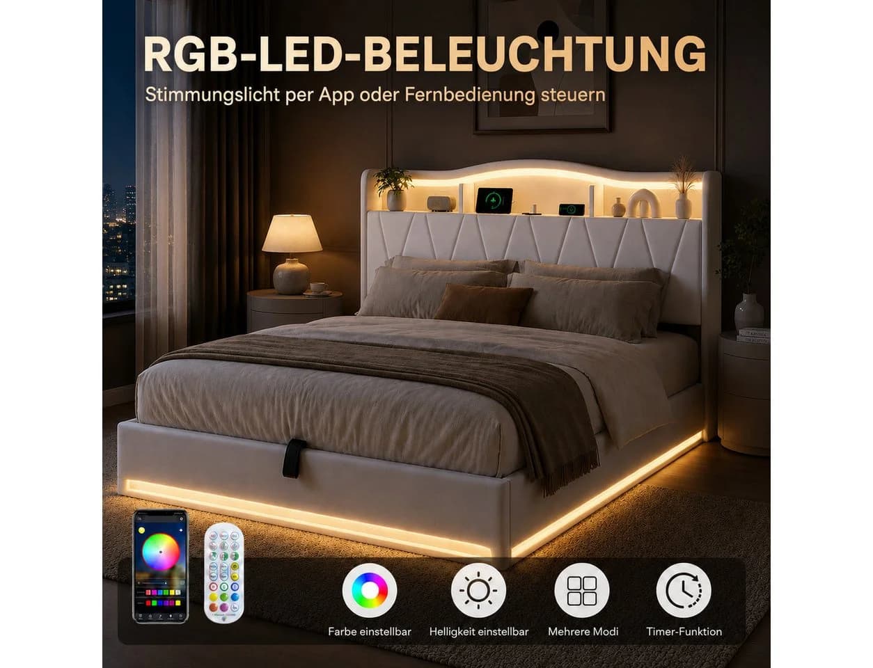 Simurq Polsterbett 140x200 mit Stauraum, LED & USB-Port Samt Beige - Bild 5