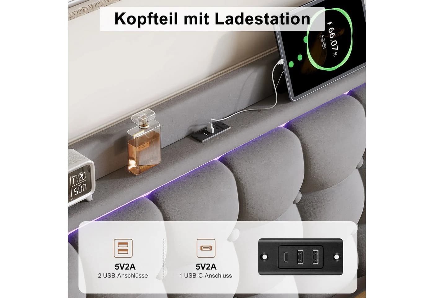 Simurq Polsterbett 140x200 Samt LED Schwebebett - Bild 4