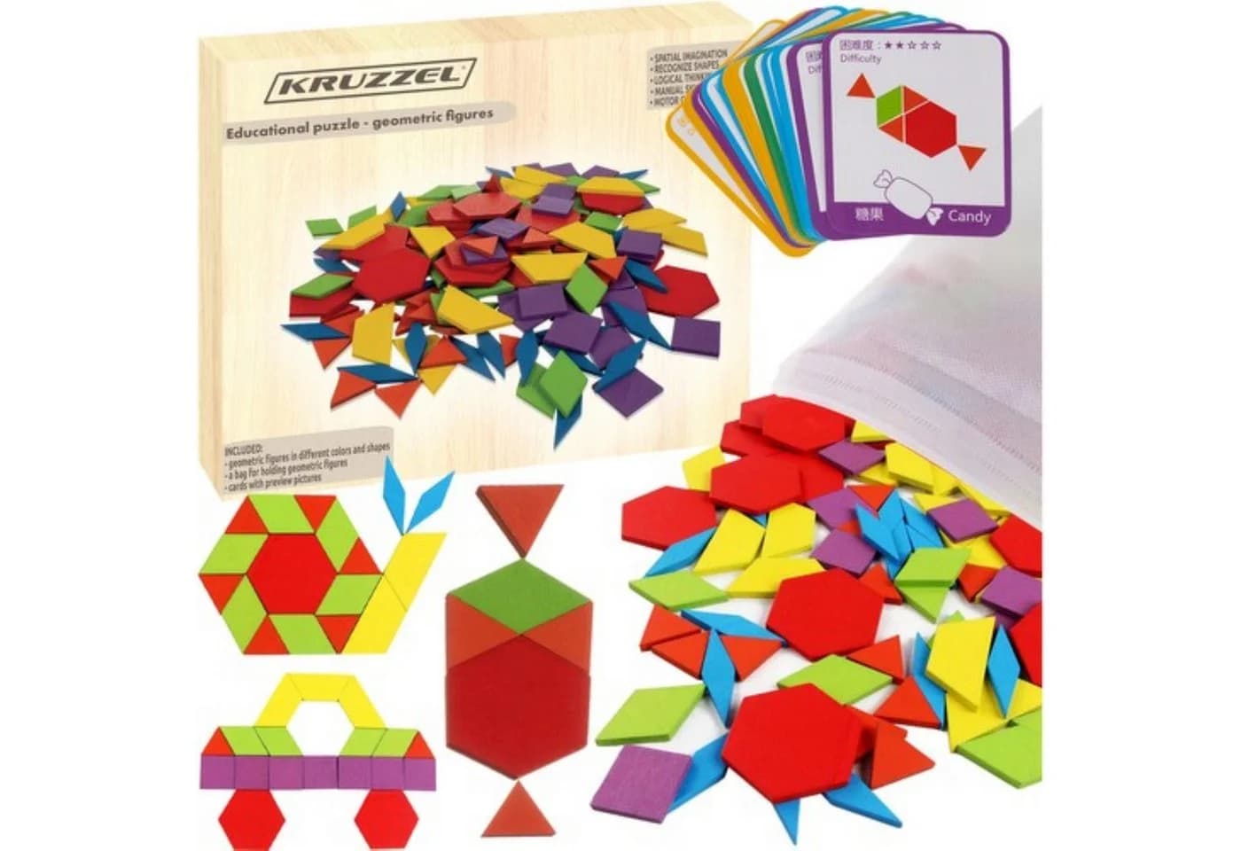 KRUZZEL Lernspielzeug Pädagogisches Holzpuzzle Tangram 155 Teile - Bild 2