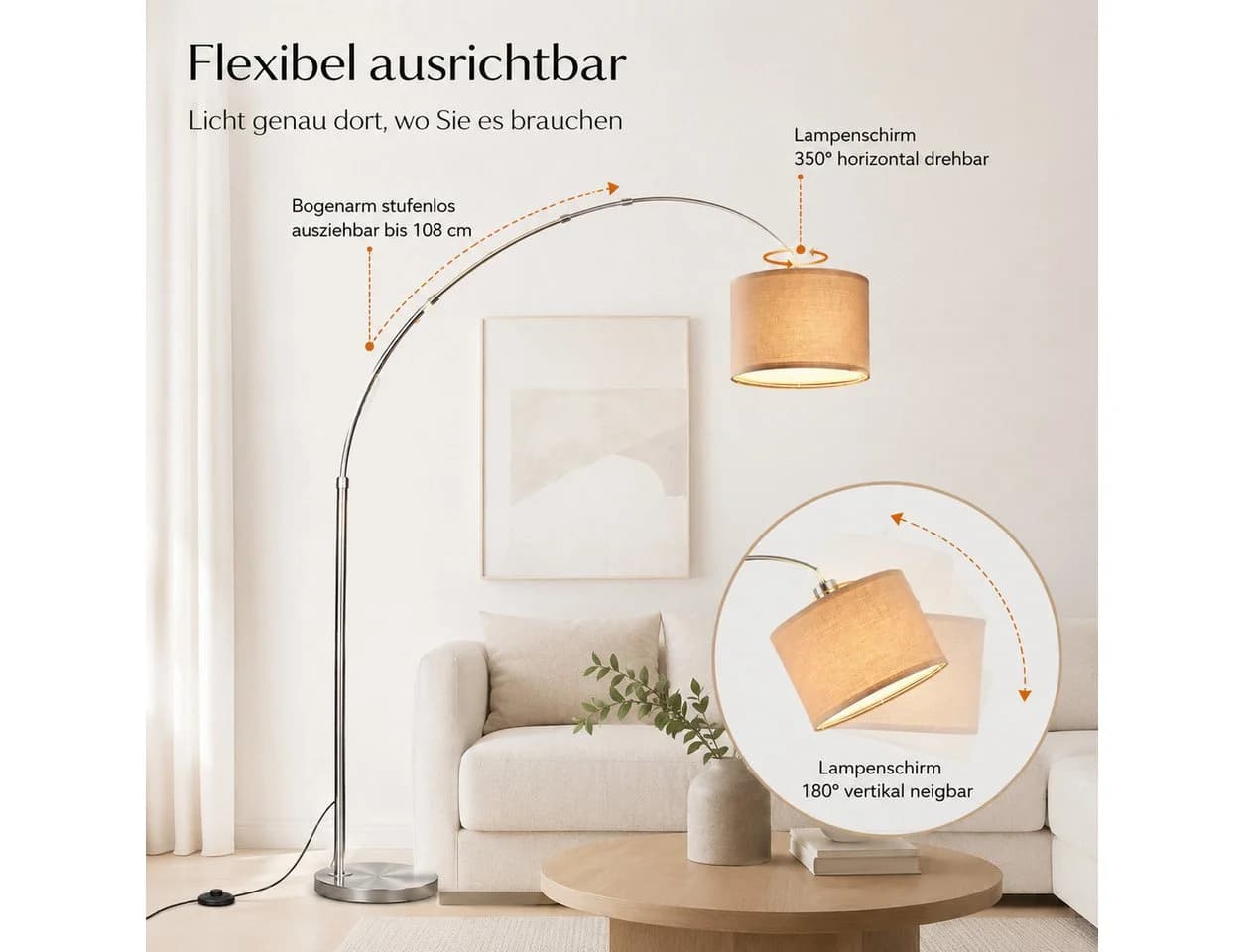 ANTENLICHT LED Bogen-Stehleuchte Silber Dimmbar E27 - Bild 3