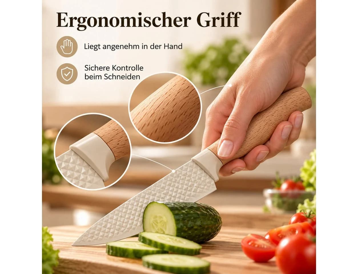 Diyarts Messerblock 6-tlg. mit 4 Messern, Schere, Edelstahl, Antihaft, Holzoptik