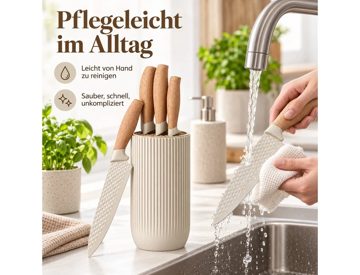 Diyarts Messerblock 6-tlg. mit 4 Messern, Schere, Edelstahl, Antihaft, Holzoptik - Bild 5