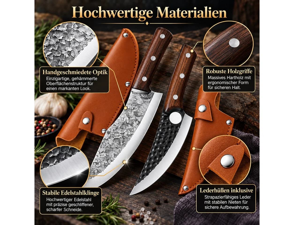 Diyarts Butchermesser Set 2-tlg. mit Holzgriff & Schutztasche