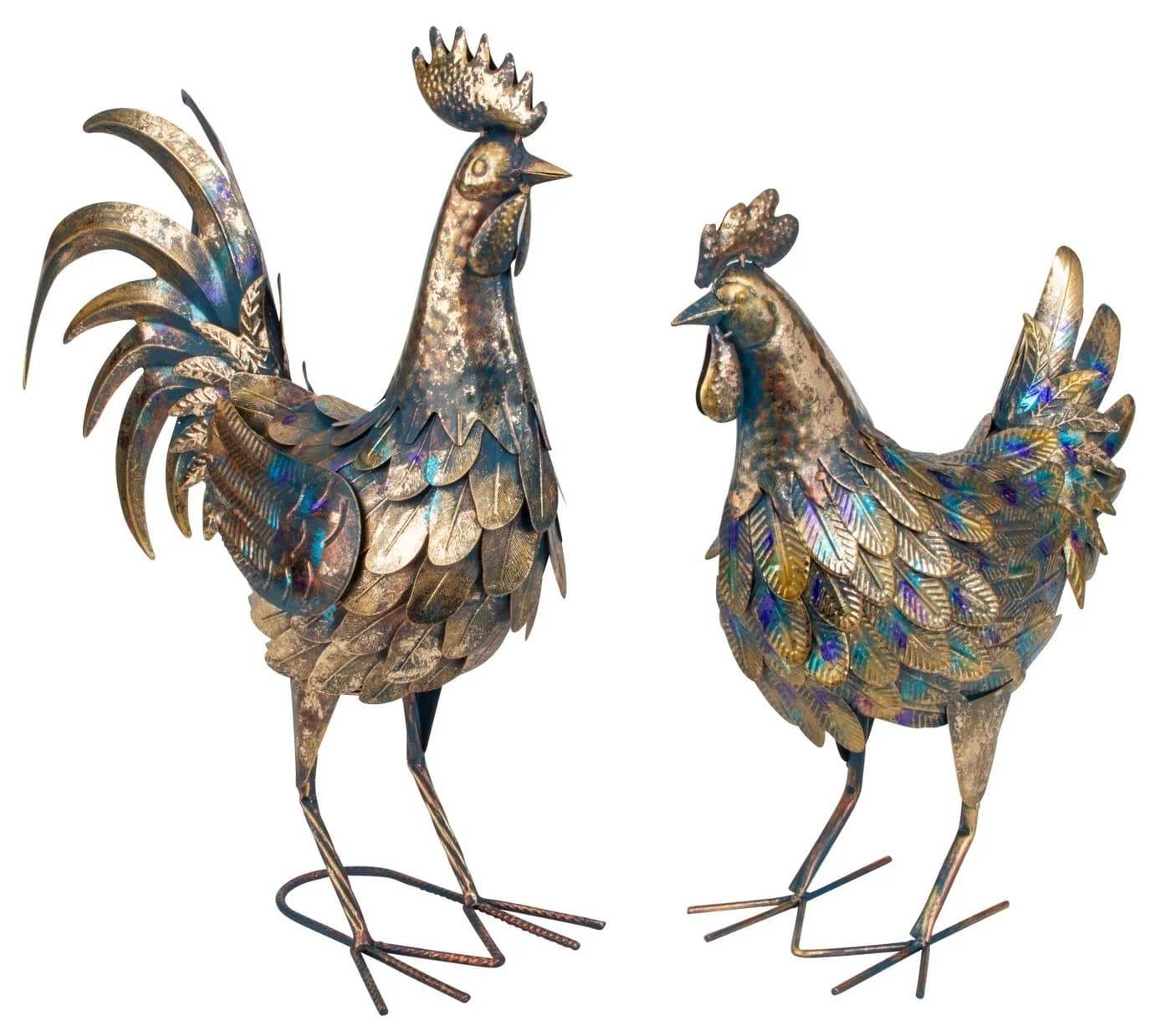 MF Gartenfigur Metall Hahn Henne Bauernhofstil blau gold 2er Set