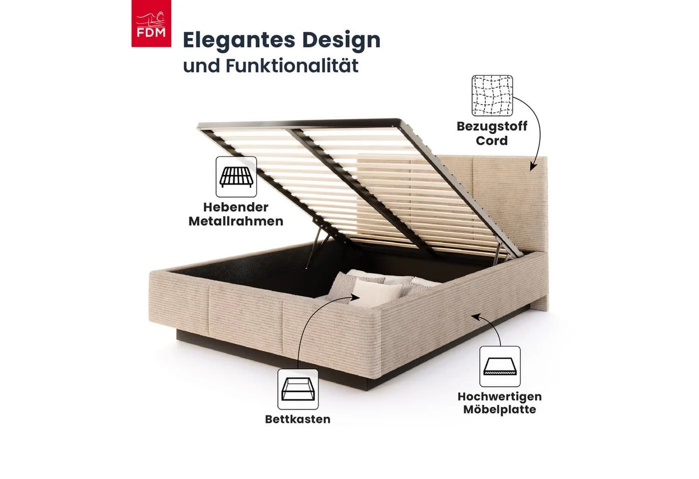 FDM Polsterbett ALMADA mit Bettkasten und Cord-Bezug - Bild 3
