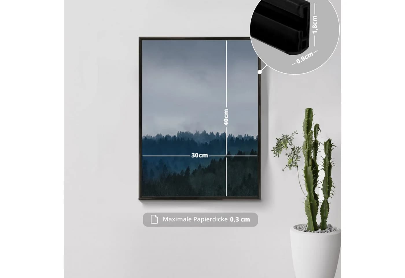 KHG Bilderrahmen 30x40 cm Schwarz mit stabiler Glasfront