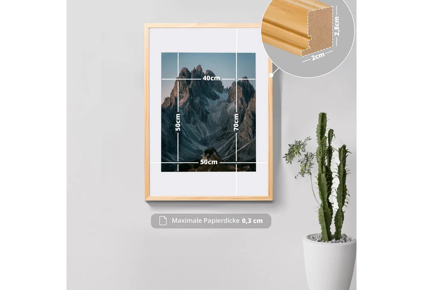 KHG Bilderrahmen 50x70 cm Natur MDF Holz mit Glasfront