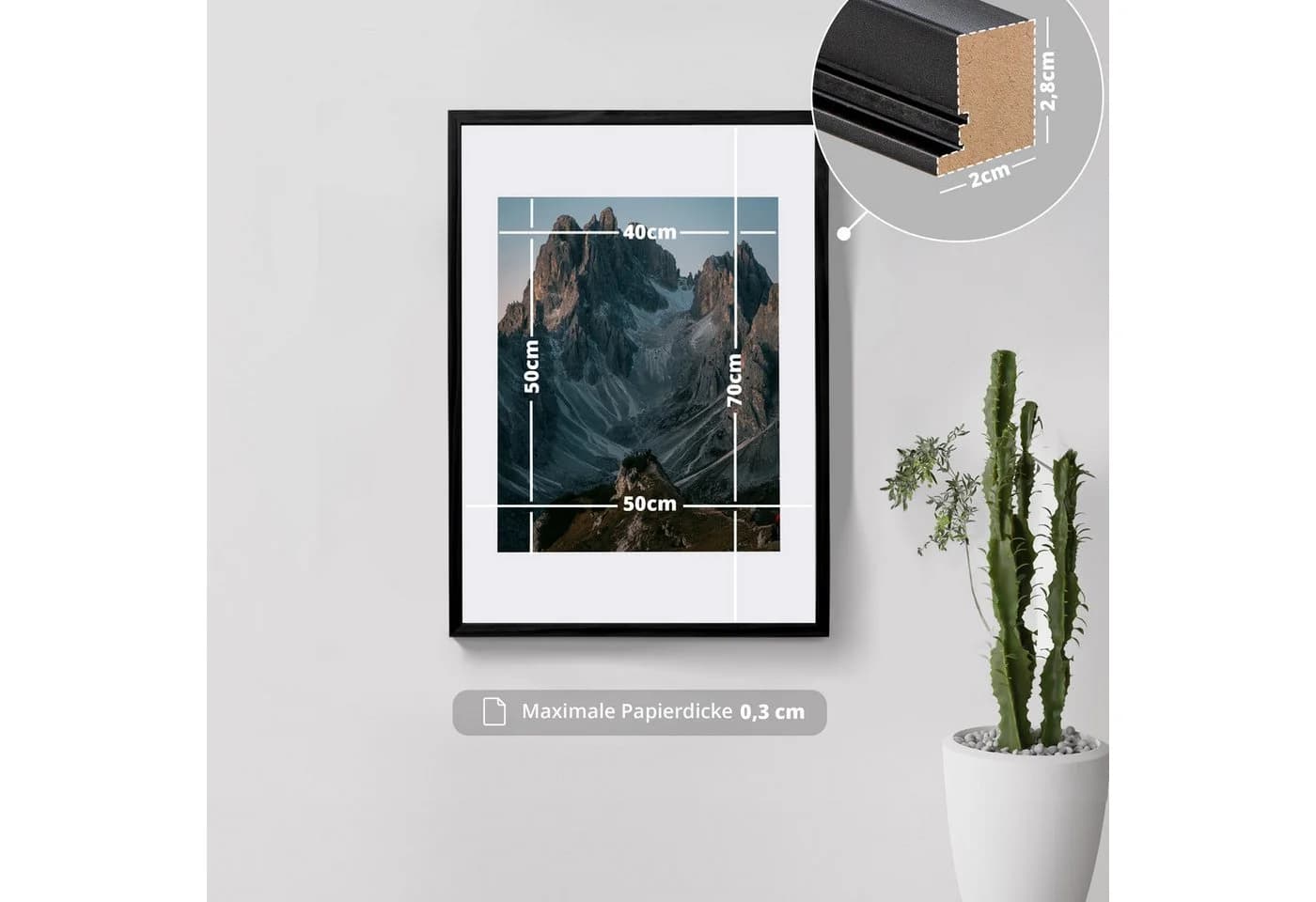 KHG Bilderrahmen Schwarz 50x70 cm mit Glasfront und Passepartout