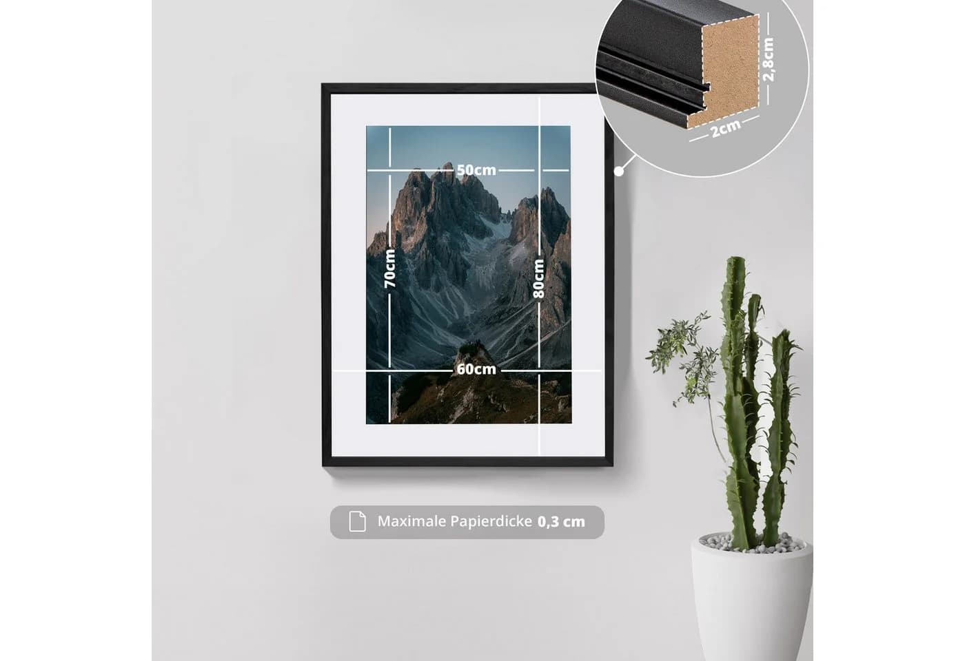 KHG Bilderrahmen 60x80 cm Schwarz mit Glasfront und Passepartout