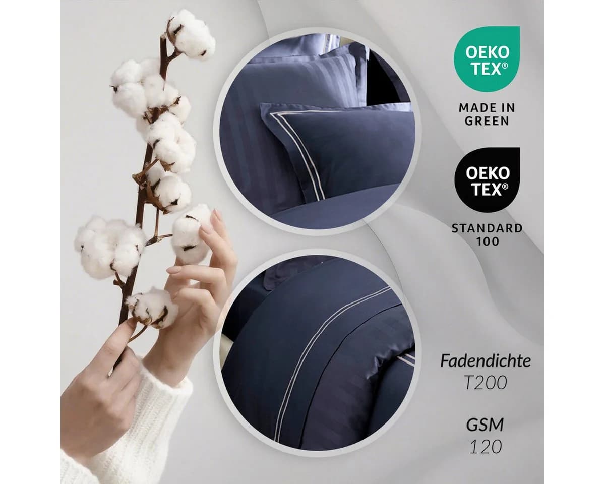 Pure cottom Satin-Bettwäsche Weiß/Dunkelblau Baumwollsatin