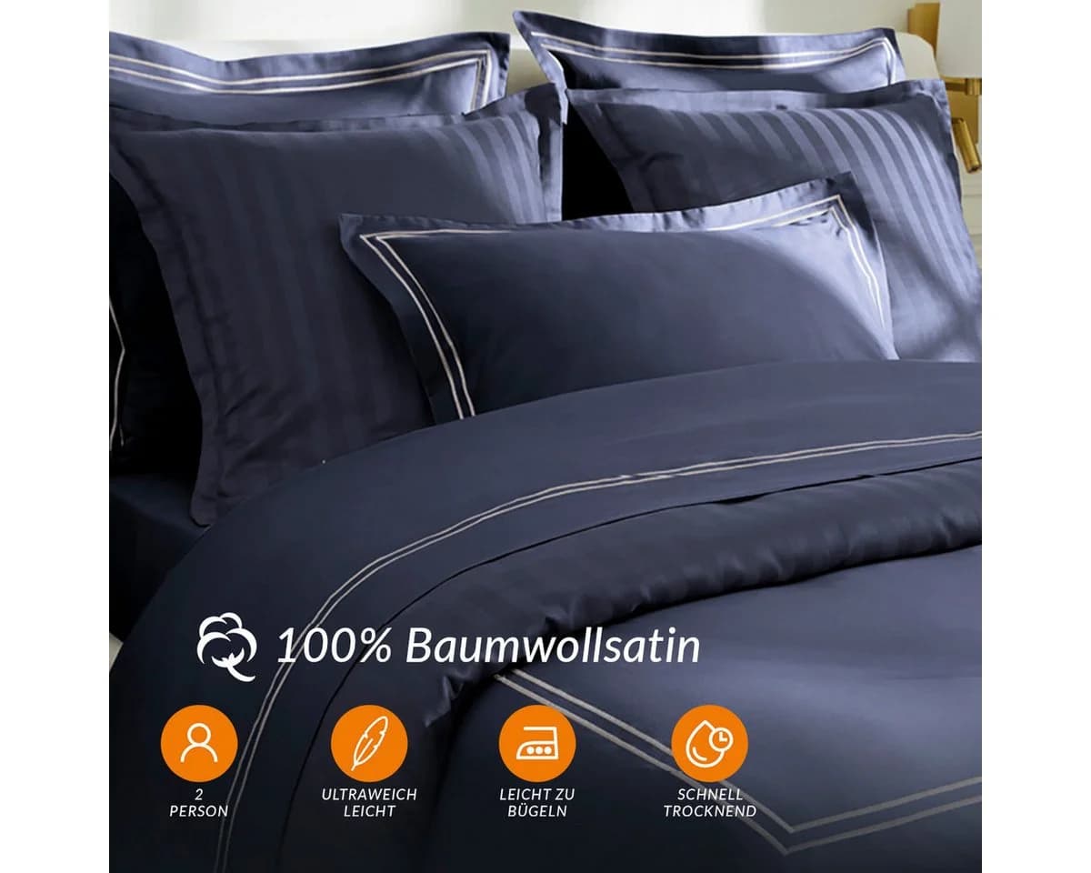 Pure cottom Satin-Bettwäsche Weiß/Dunkelblau Baumwollsatin - Bild 2