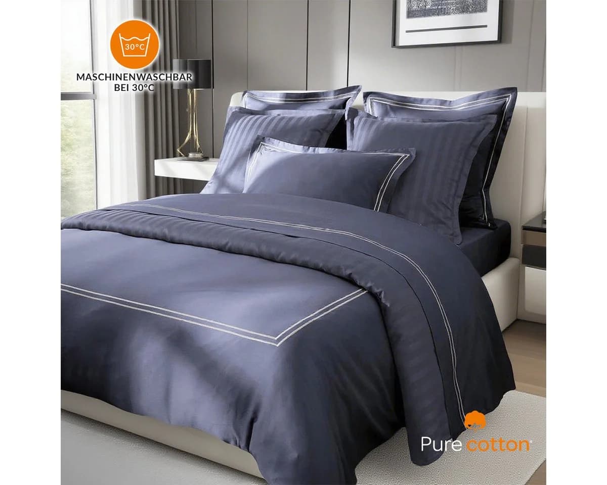 Pure cottom Satin-Bettwäsche Weiß/Dunkelblau Baumwollsatin - Bild 3