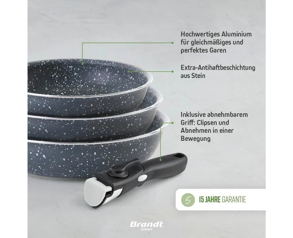 Qulinart by Brandt Pfannen-Set 3-teilig Marmorgrau mit abnehmbarem Griff