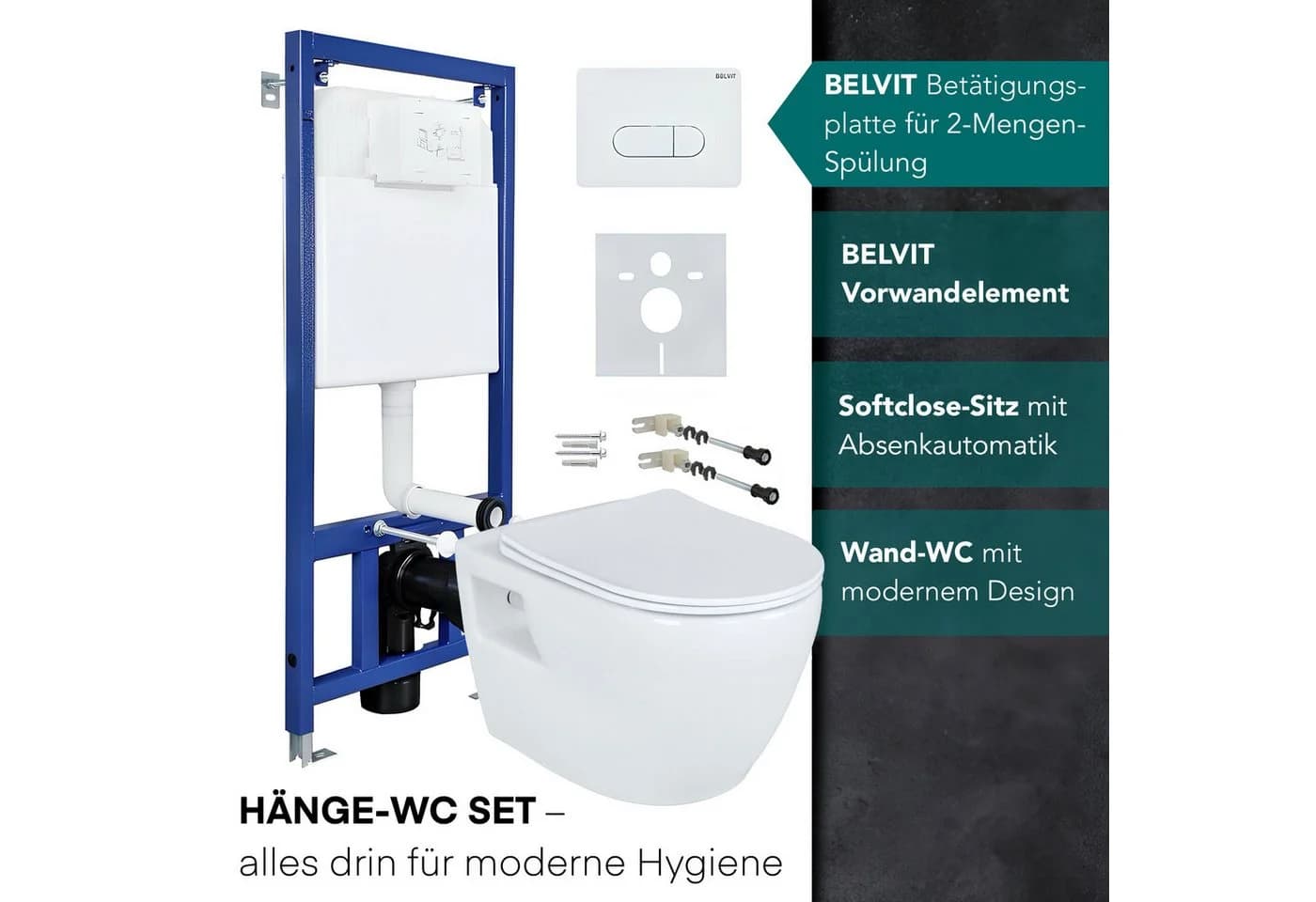 Belvit WC-Komplettset Wand-WC Weiß Schwarz Vorwandelement Soft-Close - Bild 1
