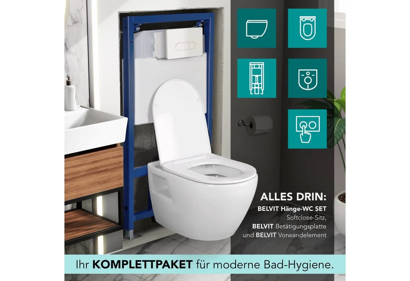 Belvit WC-Komplettset Wand-WC Weiß Schwarz Vorwandelement Soft-Close - Bild 3