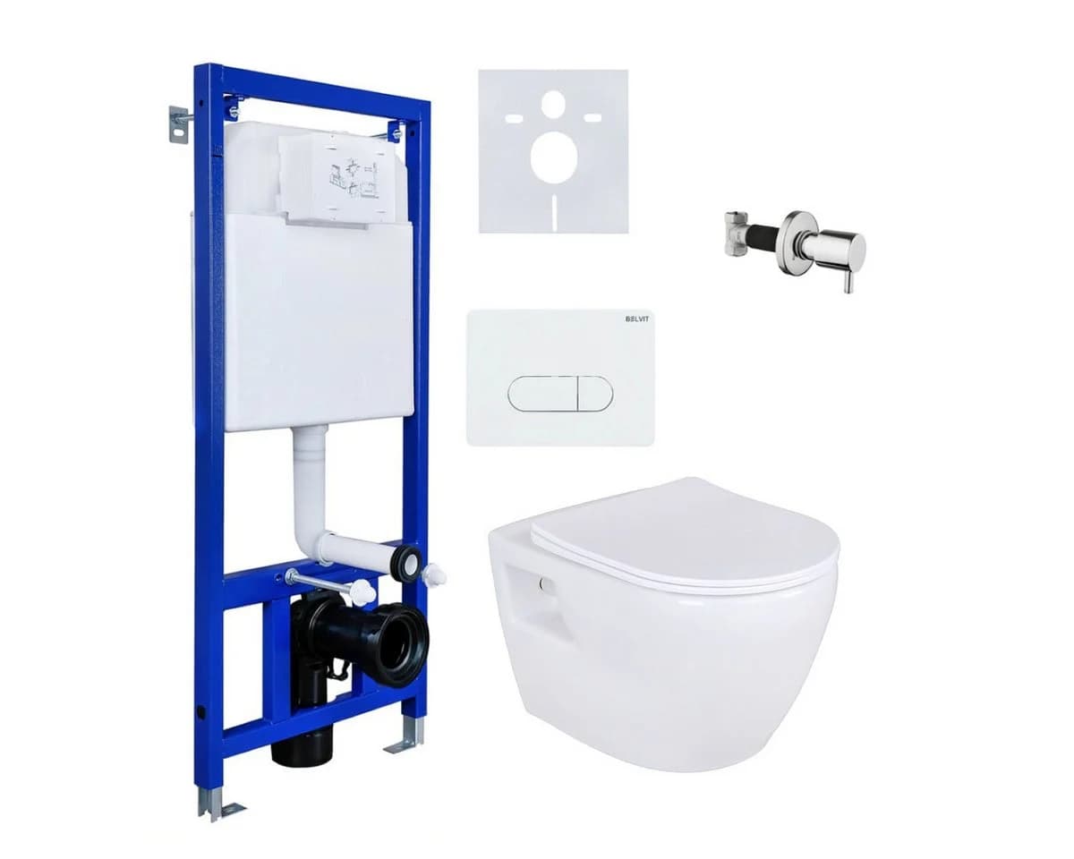 Belvit WC-Komplettset mit Taharet/Bidet Funktion, spülrandlos, Softclose, Vorwandelement, Absperrventil & Hygienedusche - Bild 2