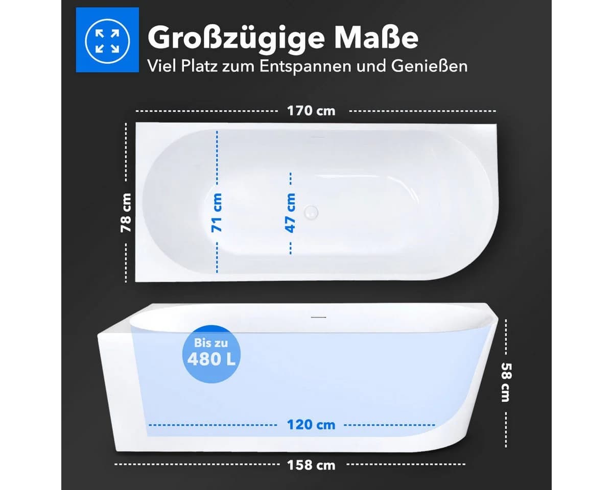 Belvit Badewanne Acryl Eckbadewanne Oval Freistehend - Bild 3