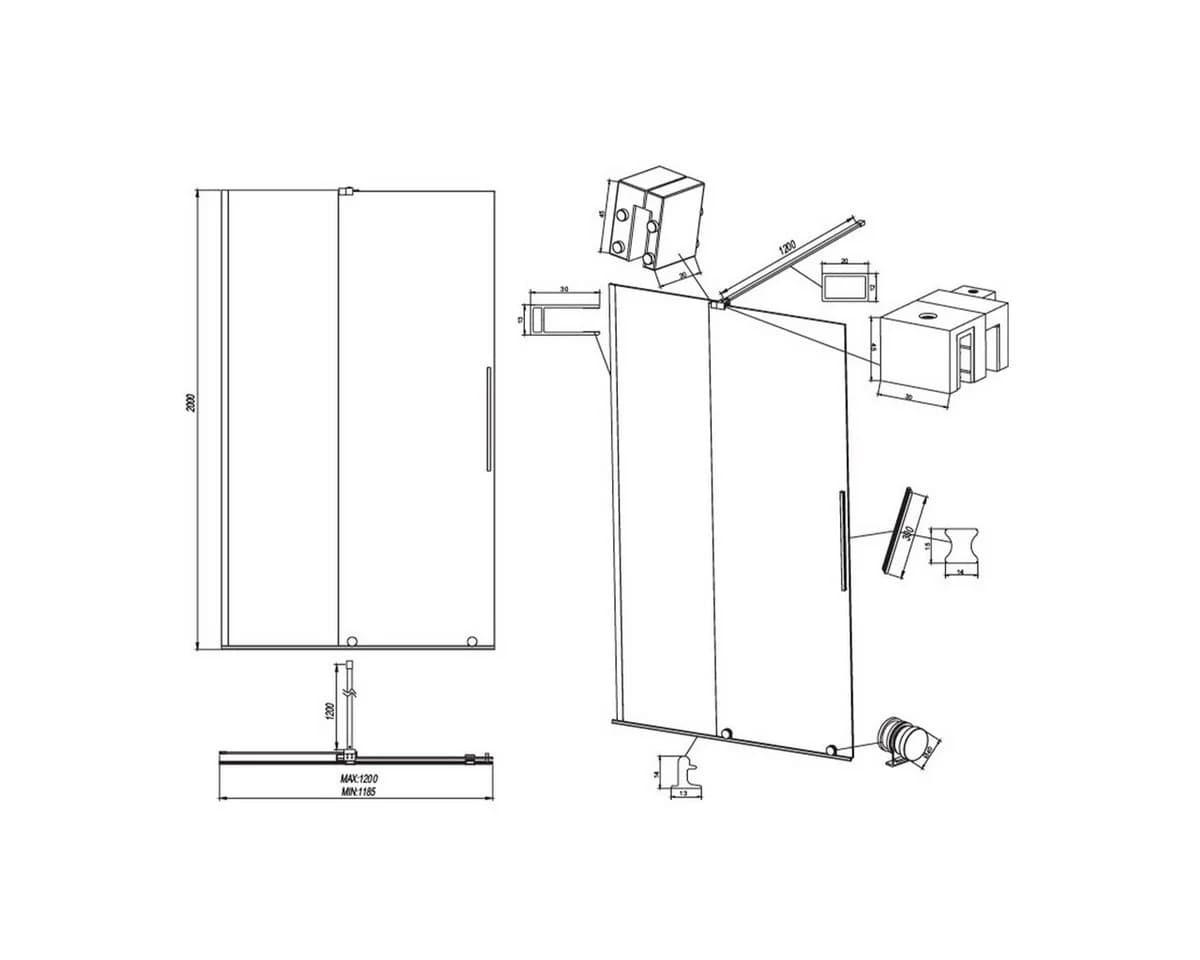 Belvit Walk-in-Dusche 120x200 cm Schiebetür Schwarz/Chrom 8mm Glas