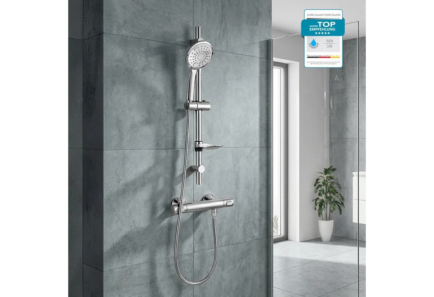 Grohe Duscharmatur Precision Flow mit Thermostat, Duschstange, Handbrause & Seifenhalter