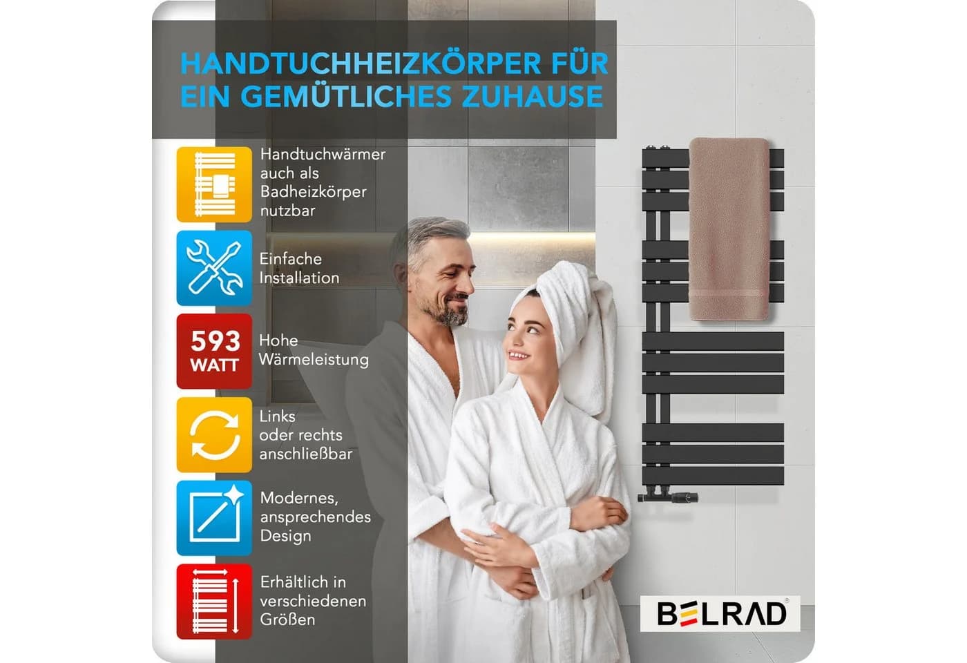 Belrad Badheizkörper mit Seitenpaneelen Weiß Schwarz Wandmontage