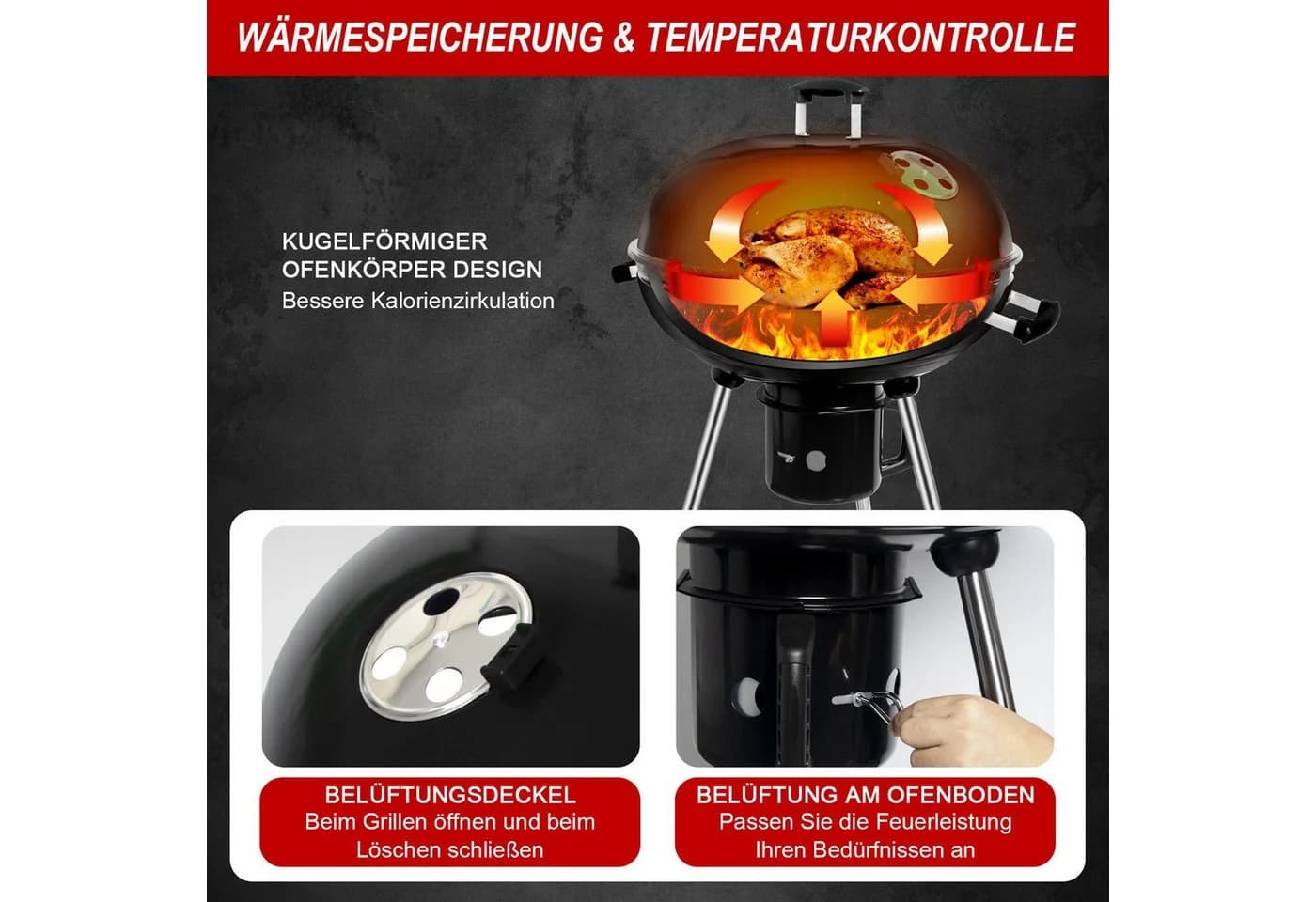 SunJas Kugelgrill CA-208 Emaille Edelstahl mit Rollen