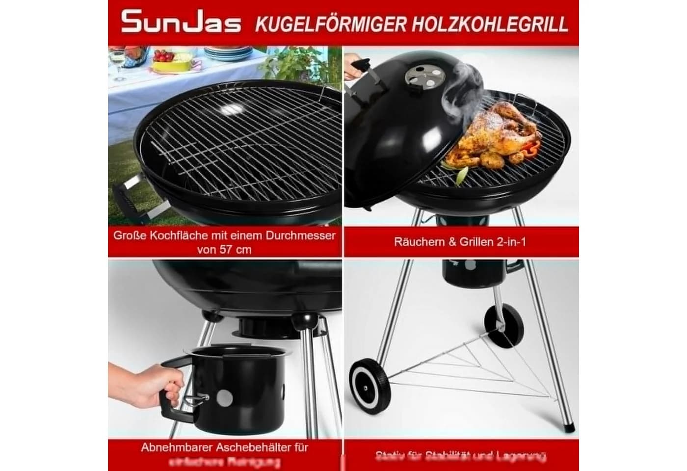 SunJas Kugelgrill CA-208 Emaille Edelstahl mit Rollen - Bild 3
