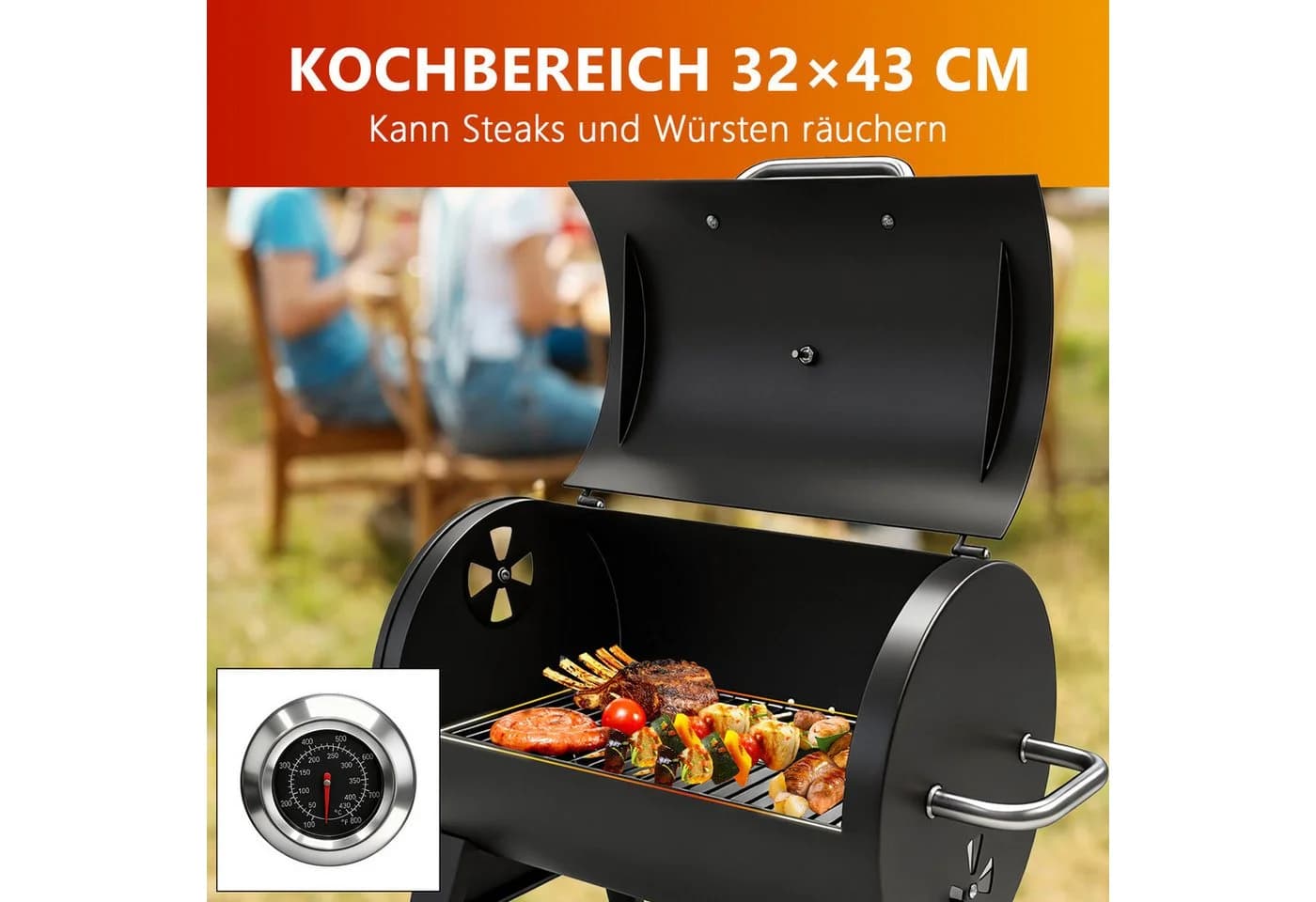 SunJas Holzkohlegrill K-4930 Schwarz mit Thermometer