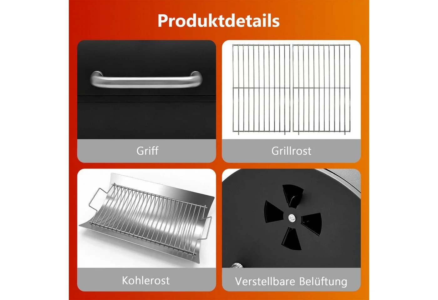 SunJas Holzkohlegrill K-4930 Schwarz mit Thermometer - Bild 4