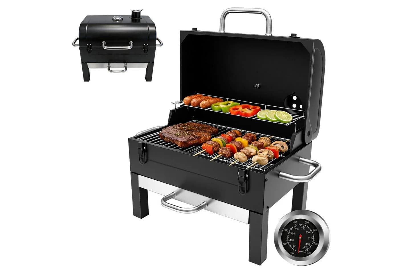 SunJas Tragbarer Holzkohlegrill mit Doppelrost und Thermometer - Bild 2