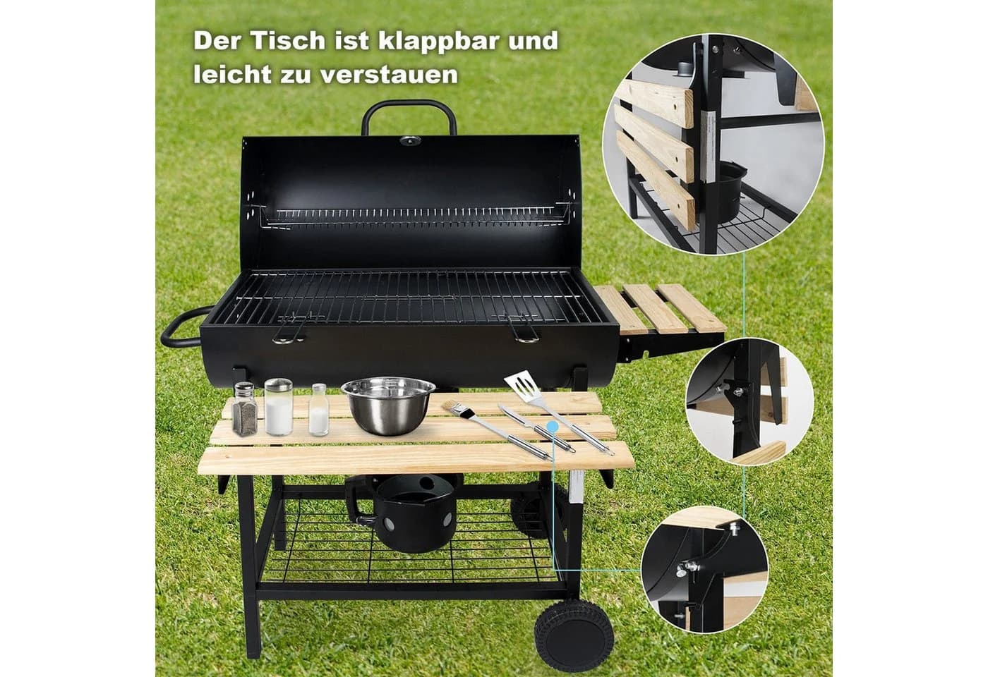 SunJas Holzkohlegrill XXL mit Thermometer und Seitenablagen