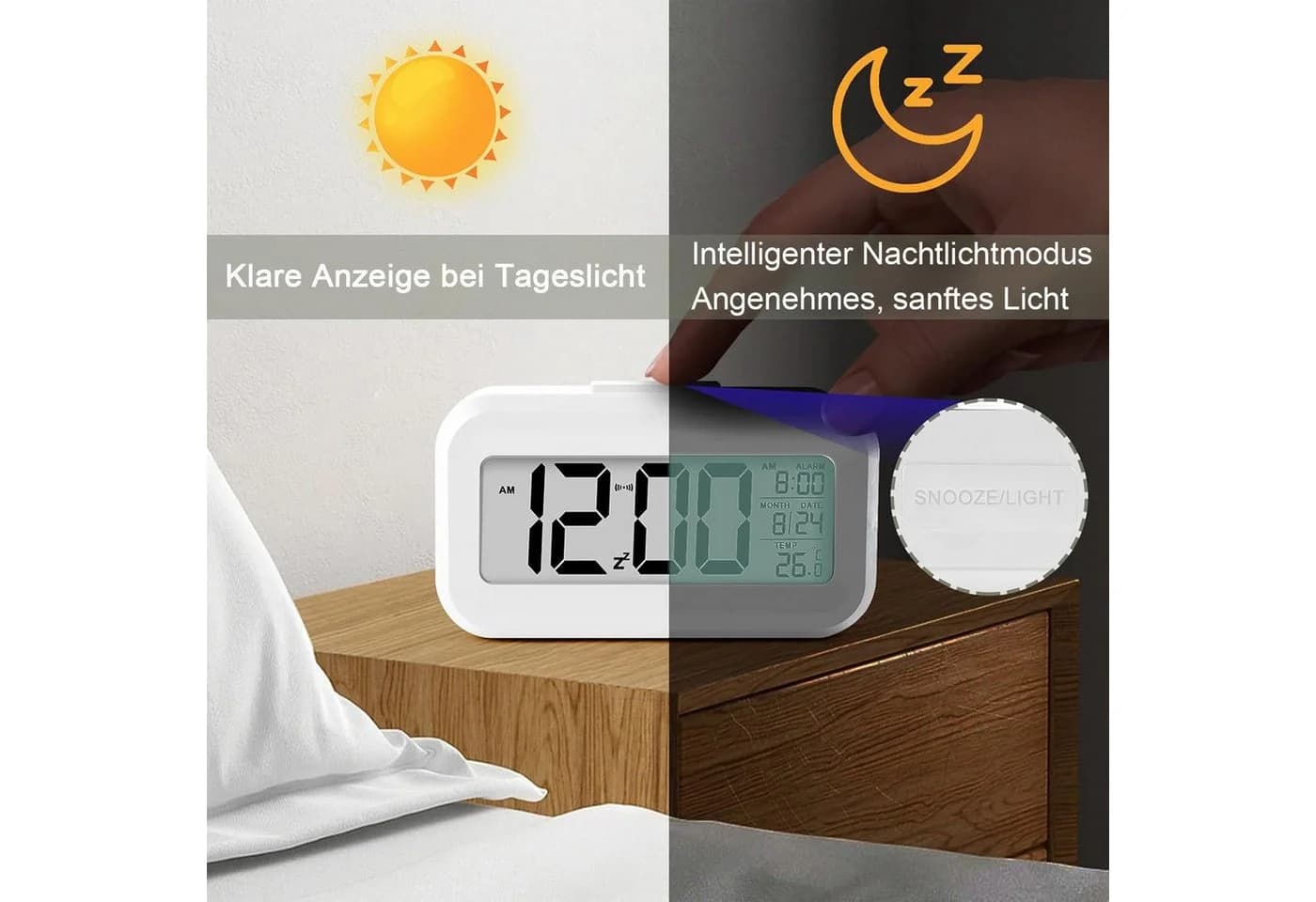 OZAVO Digitaler Wecker GLNZ17 Weiß mit Temperaturanzeige und Schlaffunktion - Bild 4