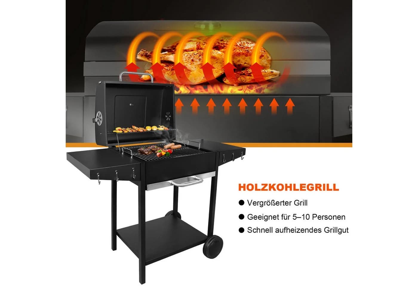 SunJas Holzkohlegrill XXL mit Deckel und Thermometer