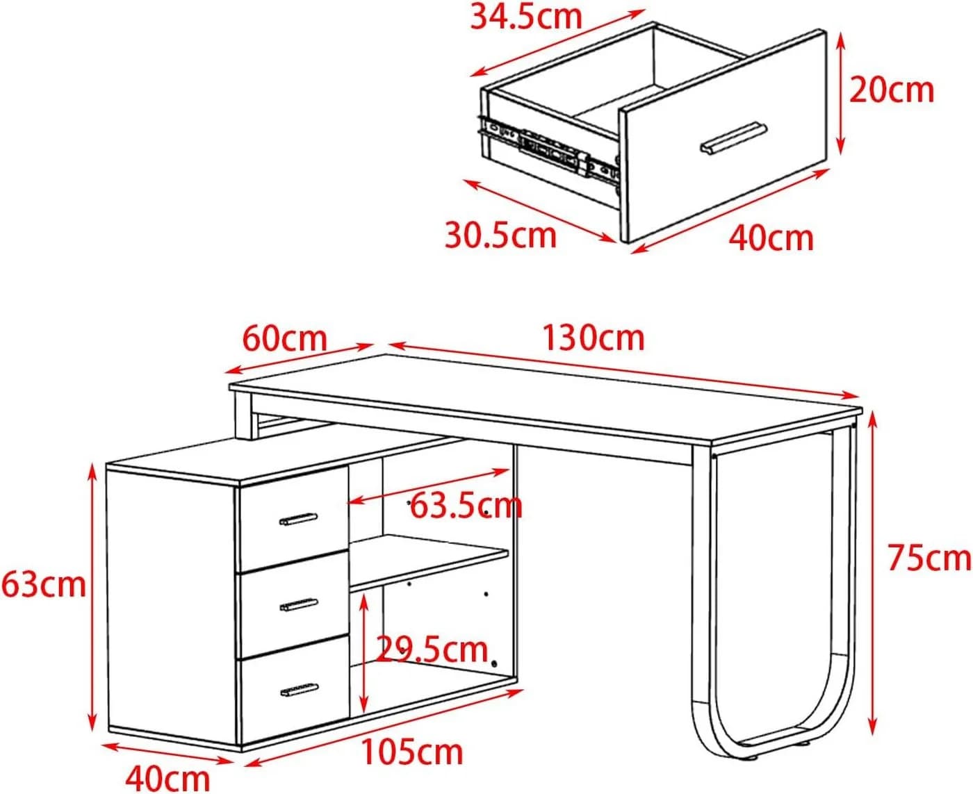 FUFU&GAGA Eckschreibtisch 130 cm L-förmig mit 3 Schubladen & 2 Regalen - Bild 5