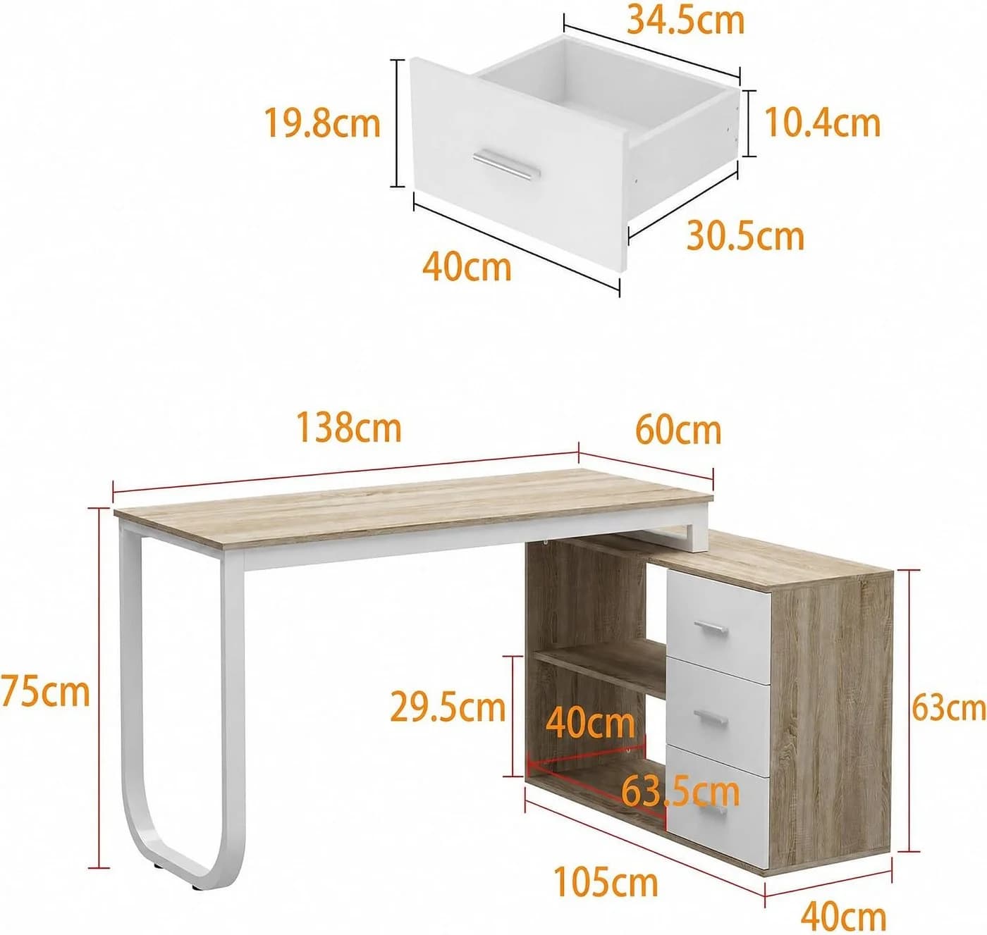 FUFU&GAGA Eckschreibtisch 130 cm L-förmig mit 3 Schubladen & 2 Regalen - Bild 3